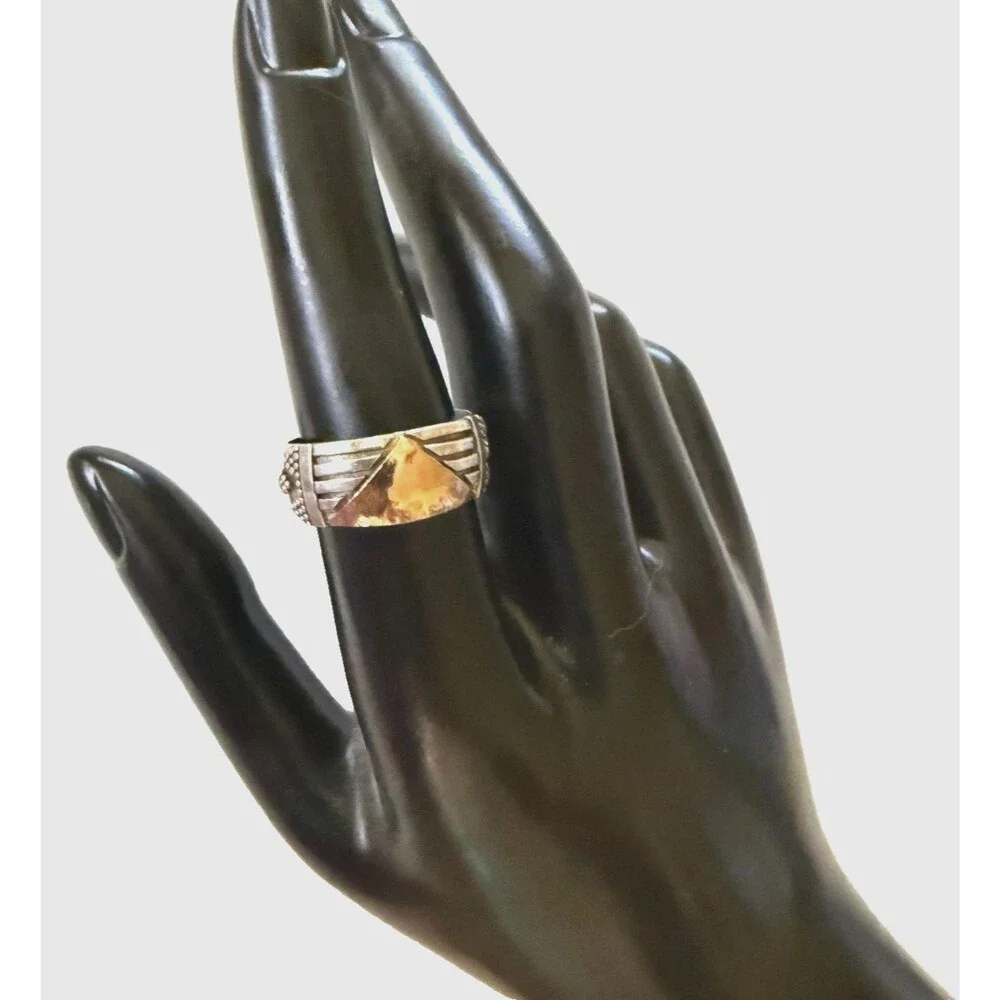 Sterling Silver with Copper Accent Inlay and Etched Detailing Band Ring Size 8.5